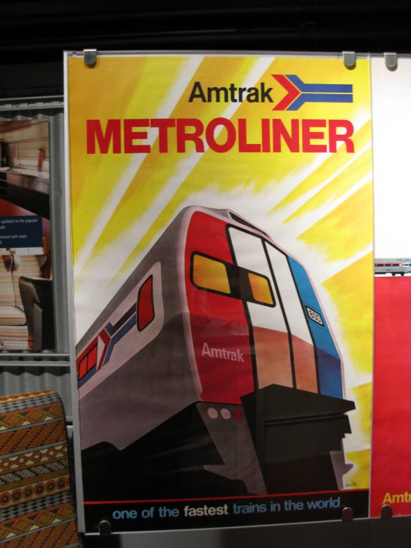 On-board Amtrak's Exhibit Train - An early 1970's Amtrak poster showcasing the flashy Metroliner offering service between Washington, DC and New York City.