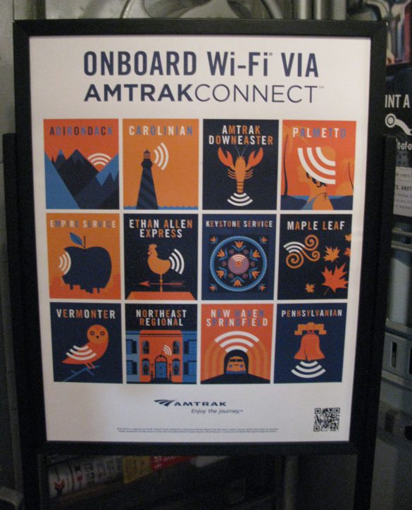 On-board Amtrak's Exhibit Train - A poster of Amtrak trains that offer complimentary Wi-Fi throughout the Northeast.