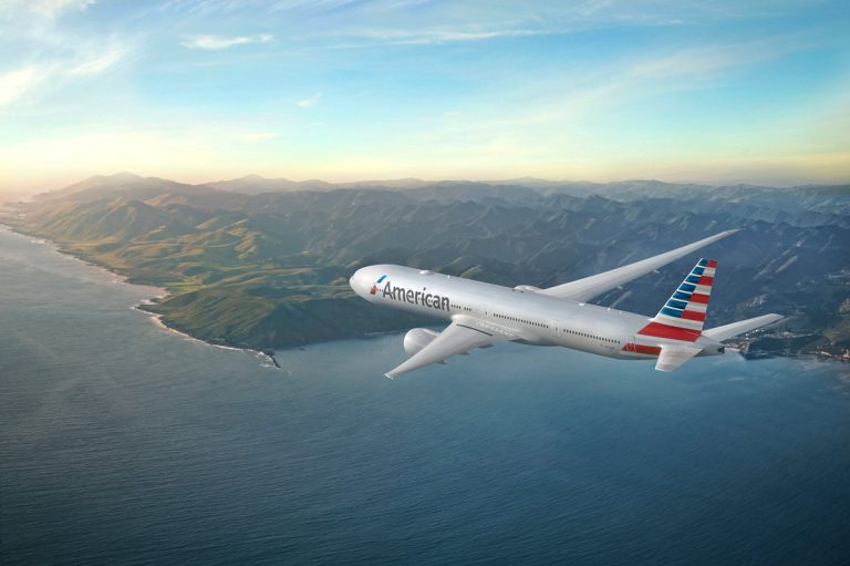 American Airlines's Boeing 777 in flight.