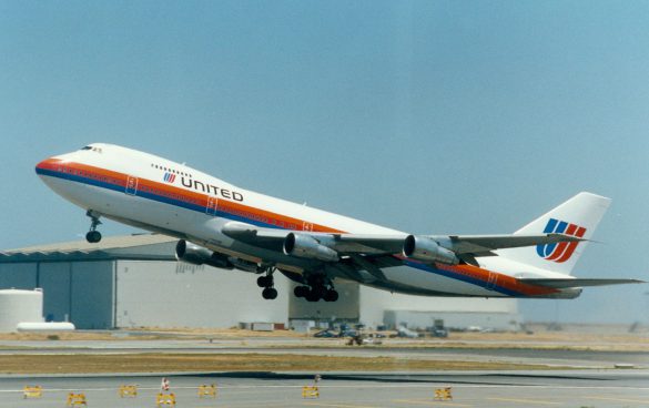 United's 747 in the tri-stripe scheme departing San Francisco International Airport.