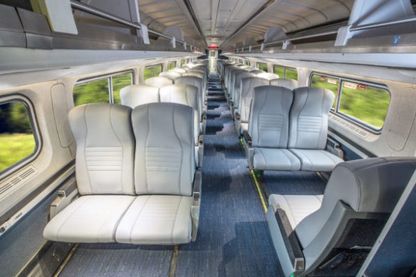 Refreshed Coach interior on board an Amtrak Amfleet I car.