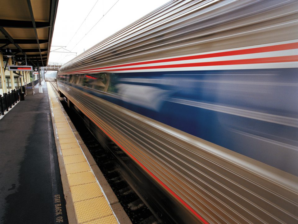 Amtrak train departing station