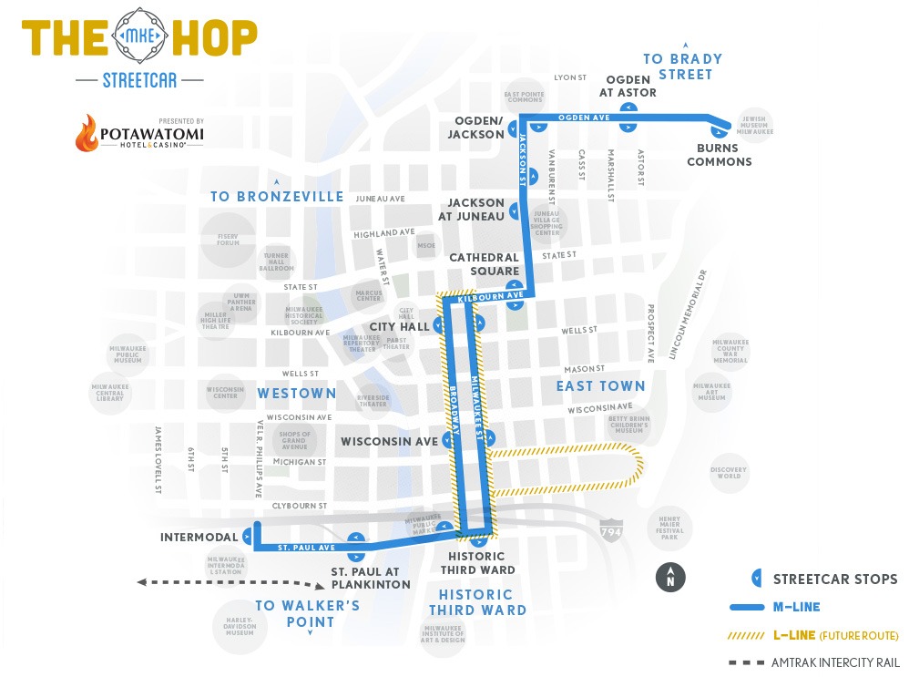 Map of Milwaukee's new Hop streetcar route.