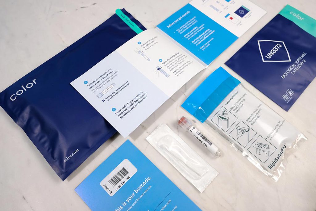 The blue colored COVID-19 testing kit packaging from Color, a health care group.